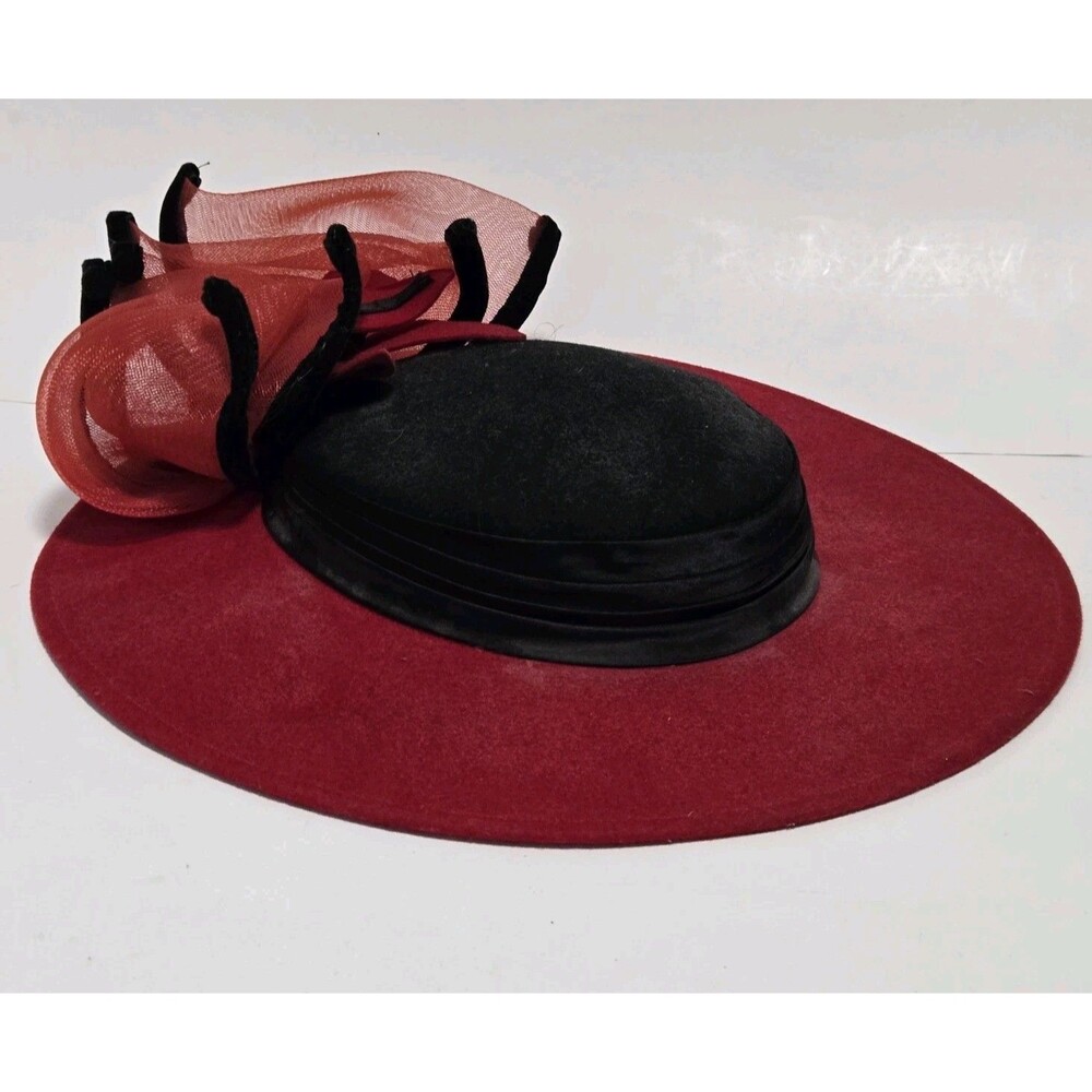 Vintage Deborah Derby Hat Womens New York Red Wide Brim Red Embellishment